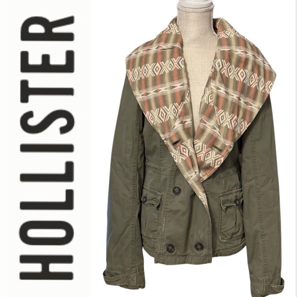 Hollister Olive Green Jacket with Aztec Pattern Lining Size Large NWT
